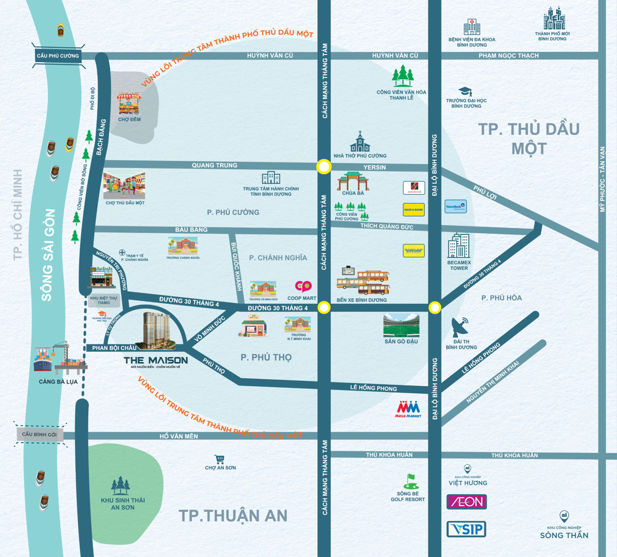 Bản đồ vị trí đắc địa và liên kết vùng dự án The Maison Bình Dương.